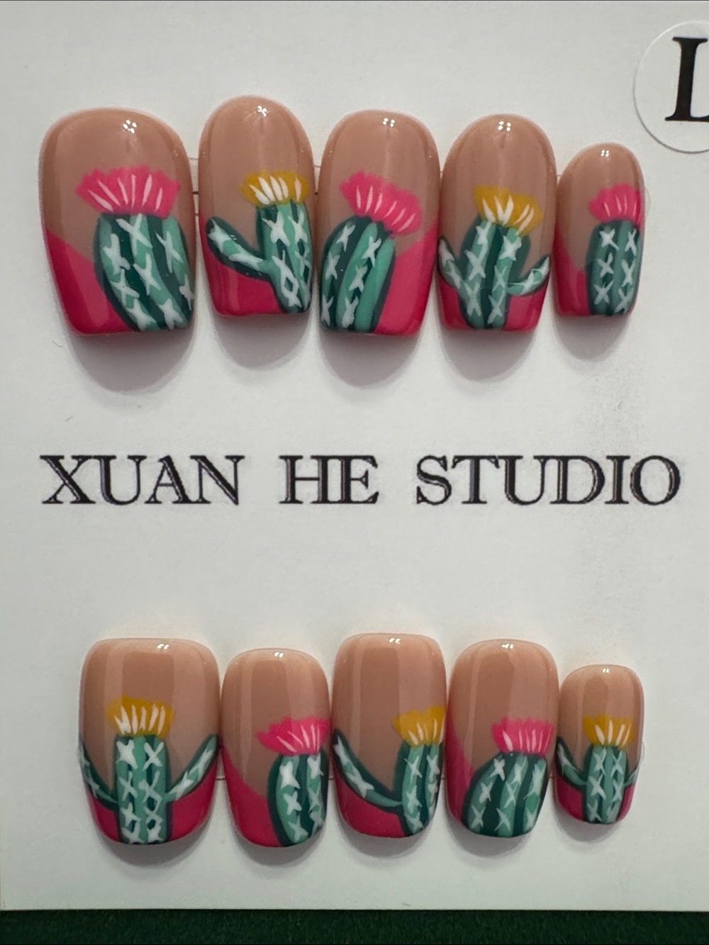 Cactus Floral Press-On Nails in Nude, Green & Pink